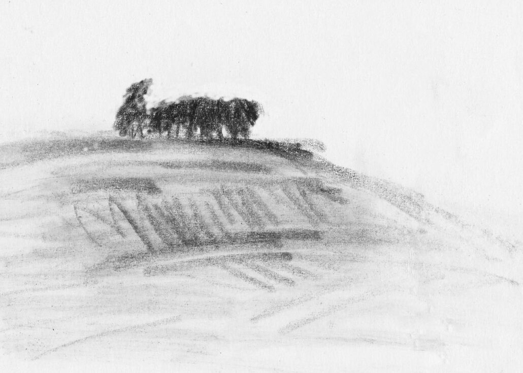 charcoal drawing of Mayhill in Glouycestershire